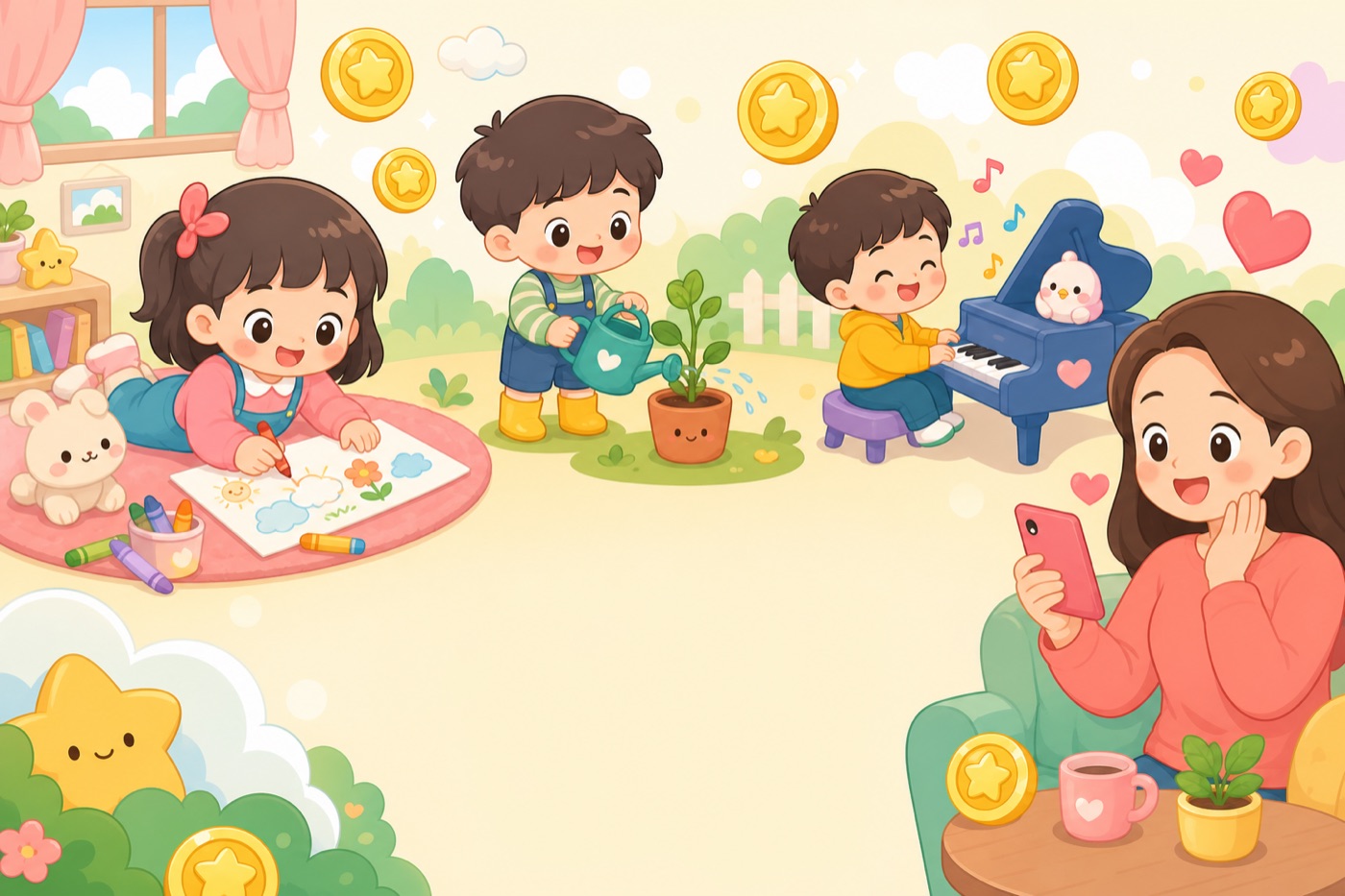 เด็กๆ ทำกิจกรรม วาดรูป รดน้ำต้นไม้ เล่นเปียโน